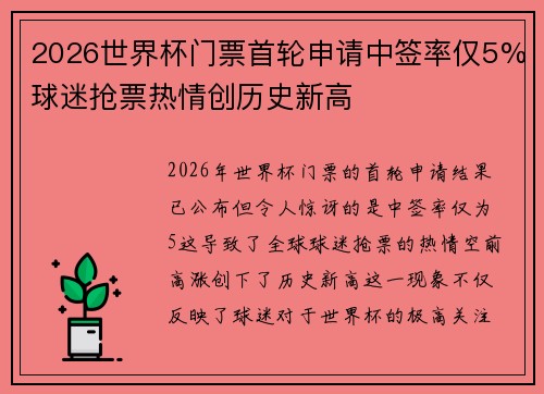 2026世界杯门票首轮申请中签率仅5%球迷抢票热情创历史新高