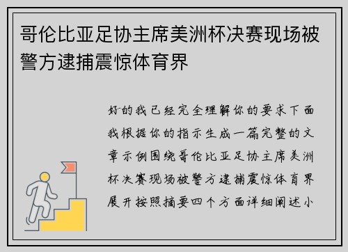 哥伦比亚足协主席美洲杯决赛现场被警方逮捕震惊体育界